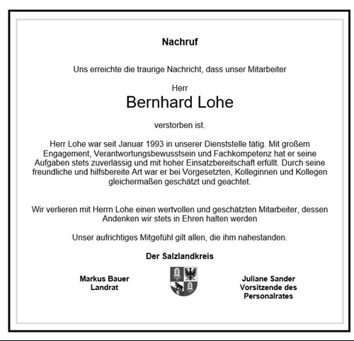 Nachruf Bernhard Lohe